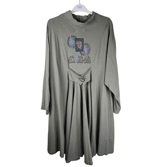 VTG Blue Fish Oversized Green Tunic Dress With Abstract Print Button Details OS - Picture 3 of 11